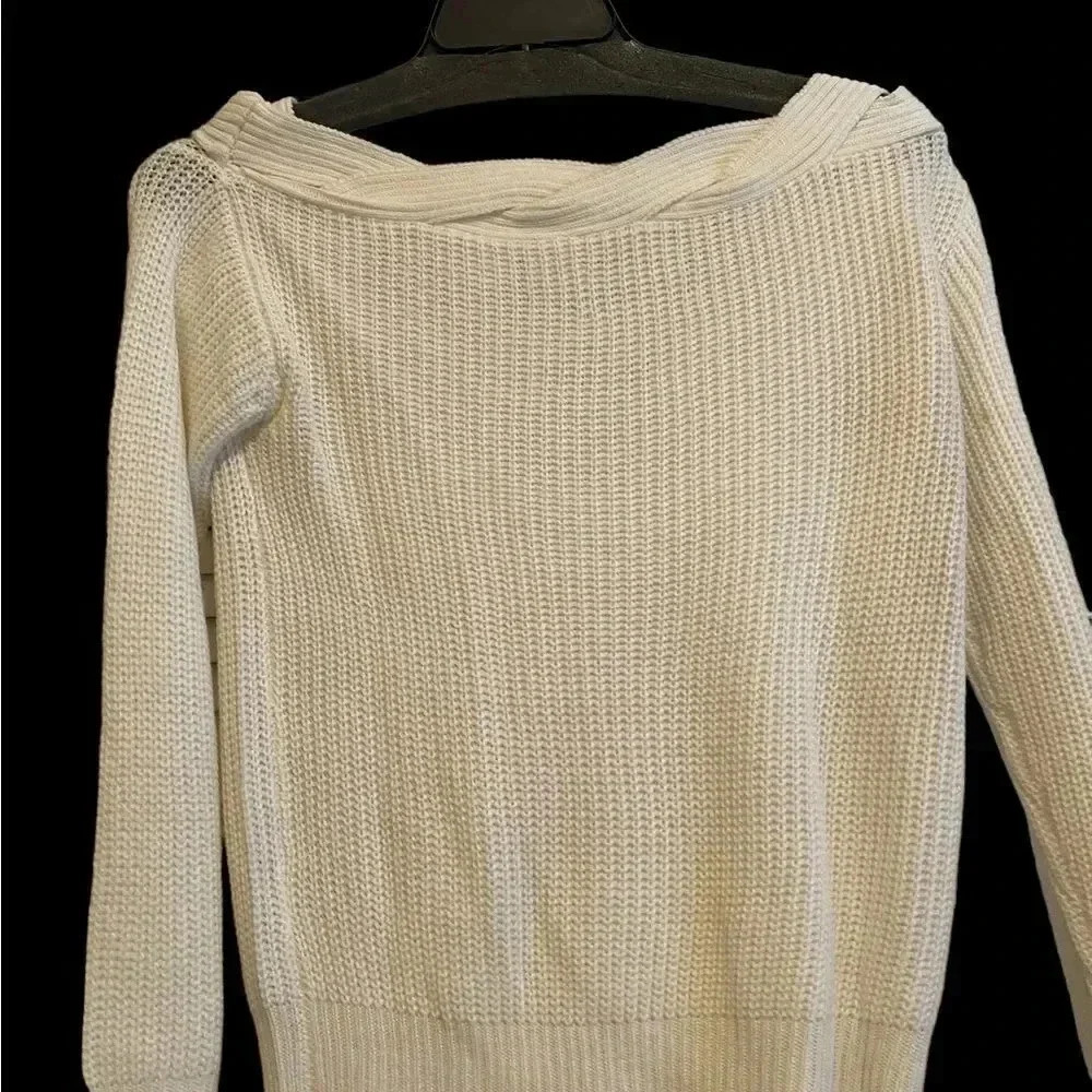Off the shoulder cream sweater with braided neckline. - Picture 2 of 7